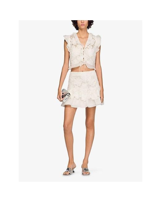 Sandro White Floral Flared Lace Mini Skirt