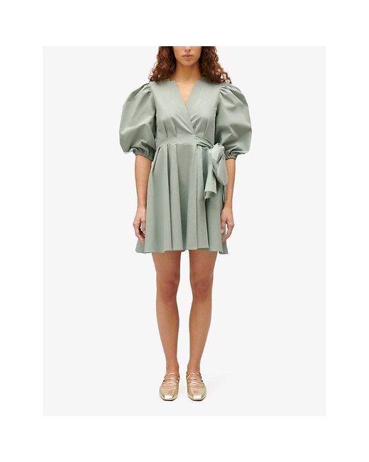Claudie Pierlot Green Wrap-front Puff-sleeve Cotton Mini Dress