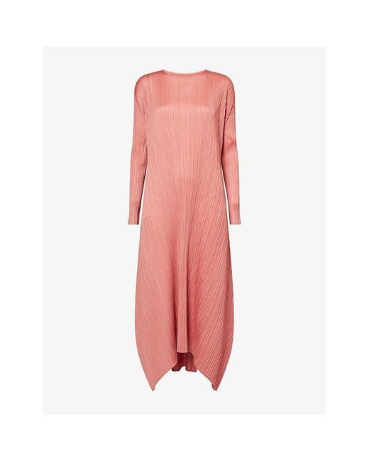 Pleats Please Issey Miyake Pink Long-Sleeve Pleated Knitted Maxi Dress