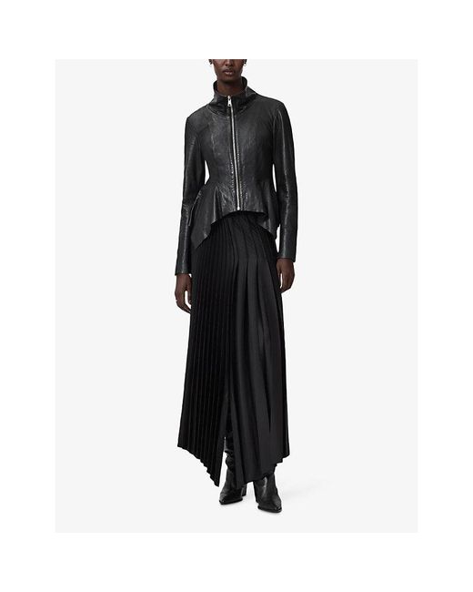 AllSaints Black Grace Draped Leather Jacket