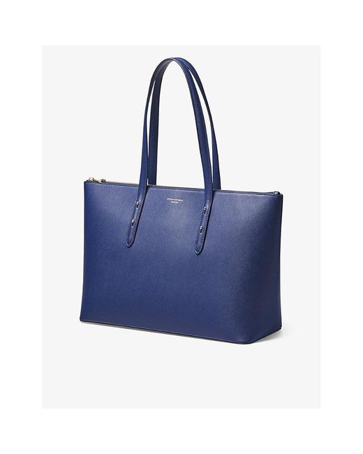 Aspinal Blue Regent Logo-embossed Leather Tote Bag