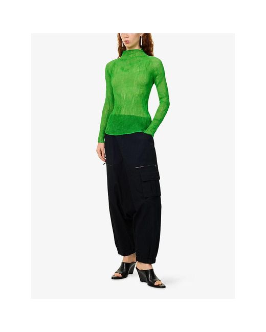 Issey Miyake Green Long-Sleeve Twisted-Pleats Chiffon Top
