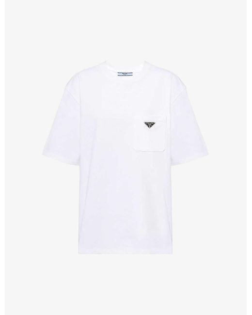 Prada White Logo-plaque Patch-pocket Cotton-jersey T-shirt X