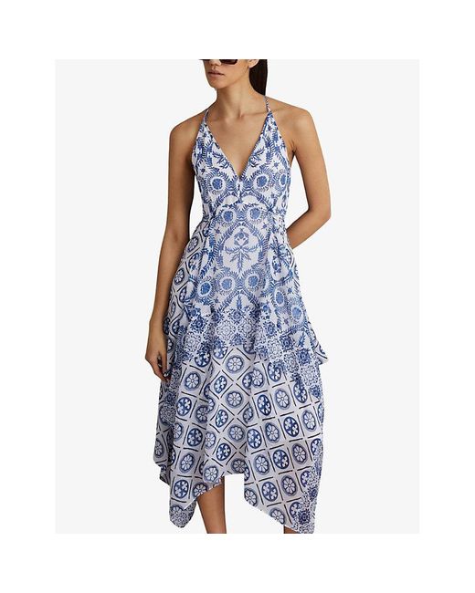 Reiss Blue Tiller Tile-print Side-pleat Woven Midi Dress