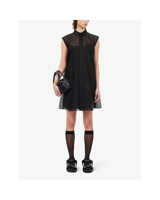 Sacai Black Collar Semi-sheer Cotton-blend Midi Dress