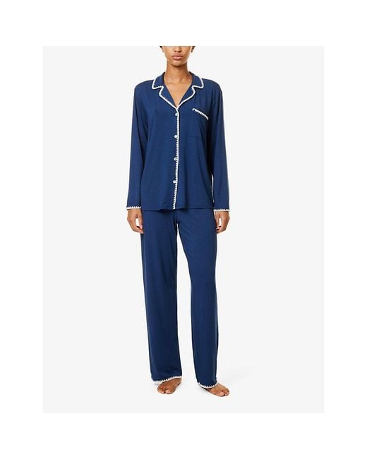 Eberjey Blue Frida Contrast-Piping Stretch-Jersey Pyjamas