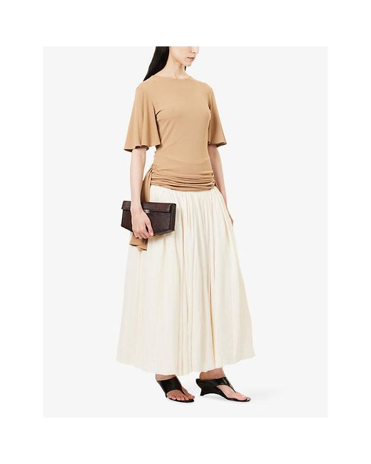 Abadia Natural Ruched Frill Stretch-Woven T-Shirt