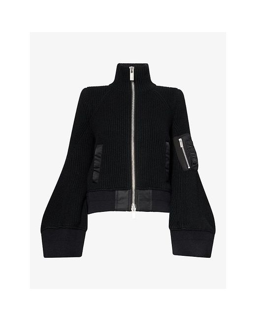 Sacai Black Funnel-Neck Ribbed Wool Jacket