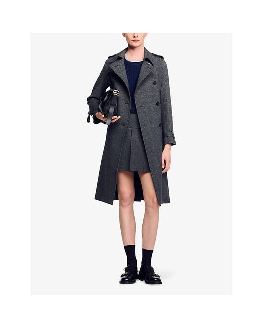 Sandro Black Rhinestone-Embellished Button-Down Stretch-Woven Trench