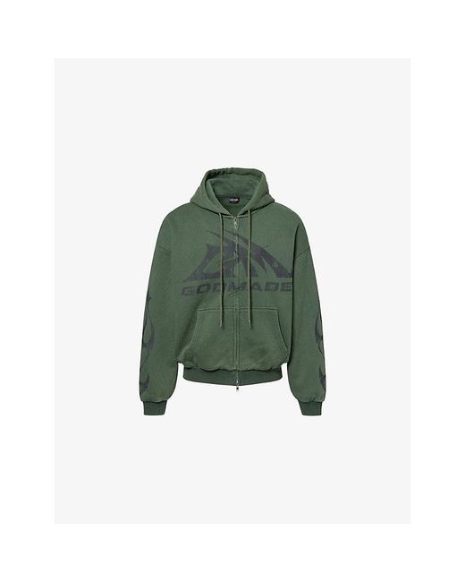 GODMADE Green Brand-Print Washed Cotton-Jersey Hoodie for men