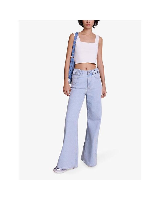 Maje White Square-neck Cropped Knitted Top