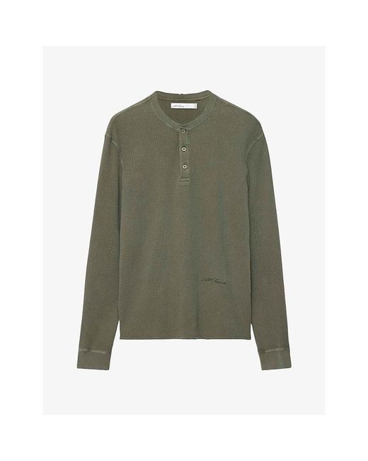 AllSaints Green Raine Long-Sleeve Waffle Cotton Henley Top for men