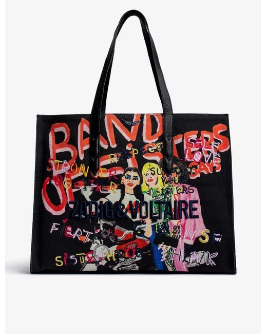 Zadig & Voltaire Black Band Of Sisters Logo-embroidered Graphic-print Cotton Tote Bag