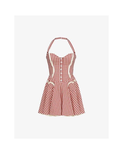 House Of Cb Red Heidi Gingham-Print Stretch-Cotton Mini Dress