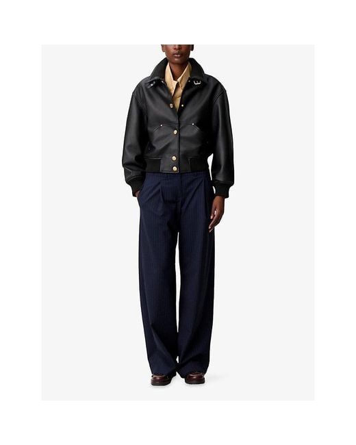 Claudie Pierlot Black High-Collar Leather Bomber Jacket