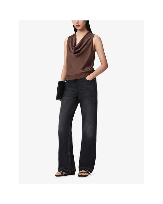 AllSaints Brown Zoey Cowl-Neck Woven And Knitted Top