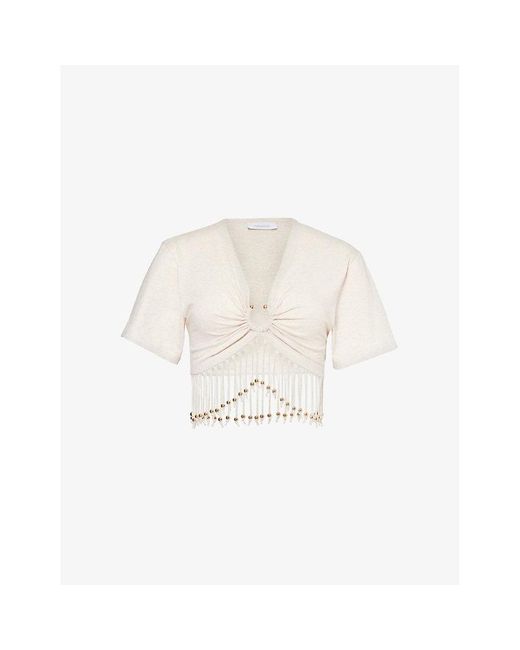 Rabanne White Ring-embellished Cropped Cotton-jersey T-shirt