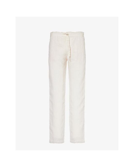 120% Lino White Drawstring Tapered-leg Regular-fit Linen Trousers for men
