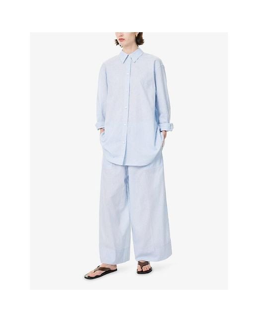 Totême Blue Logo-Embroidered Wide-Leg Cotton And Linen Trousers