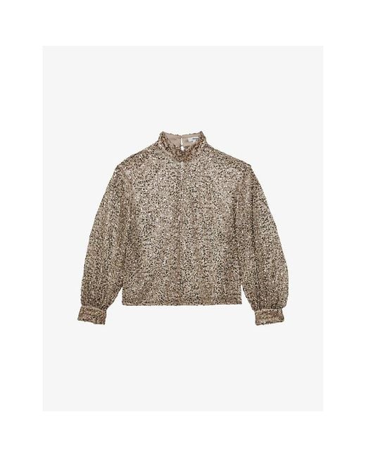 Reiss Brown Sienna High-Neck Sequin-Embellished Woven Top