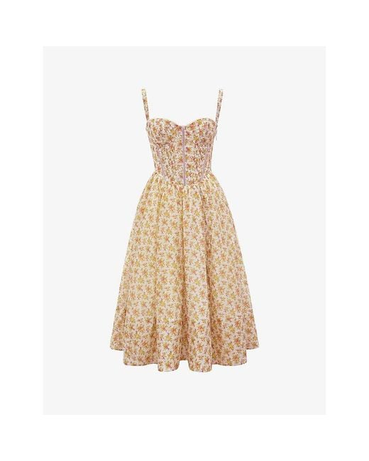 House Of Cb Natural Kelly Floral-Print Corset Midi Dress