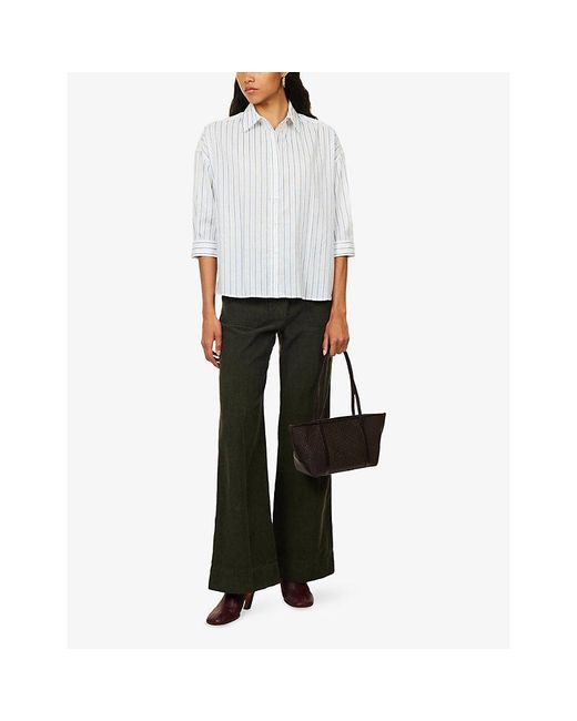 ME+EM White Cropped-Sleeve Striped Cotton-Blend Shirt