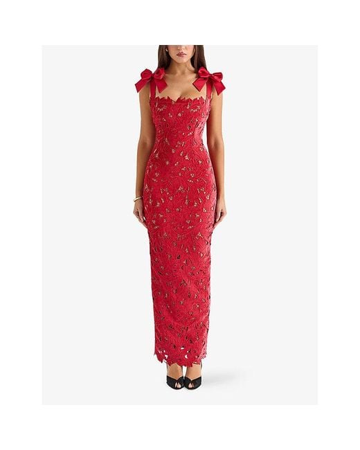House Of Cb Red Tiff Velvet Lace Maxi Dress