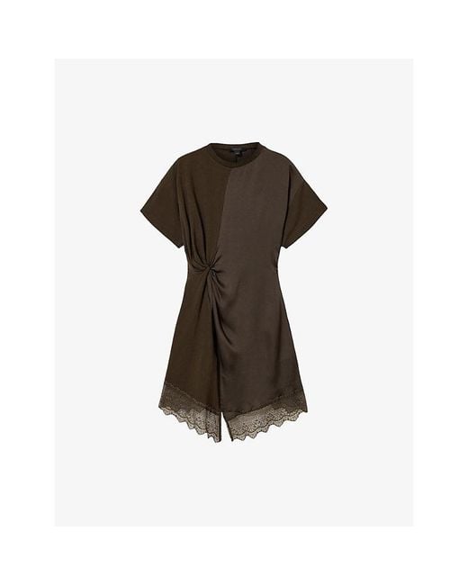 AllSaints Brown Lana Lace-Trim Woven Mini Dress