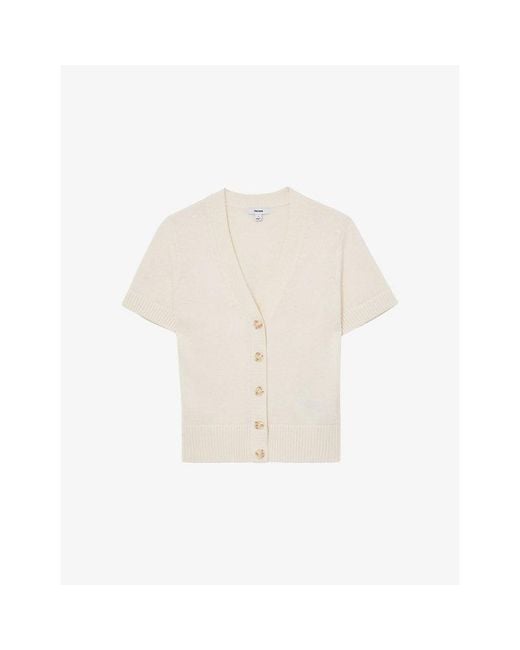 Reiss White V-Neck Short-Sleeve Cotton And Wool-Blend Cardigan