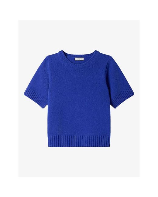 Sandro Blue Round-Neck Short-Sleeved Wool Jumper