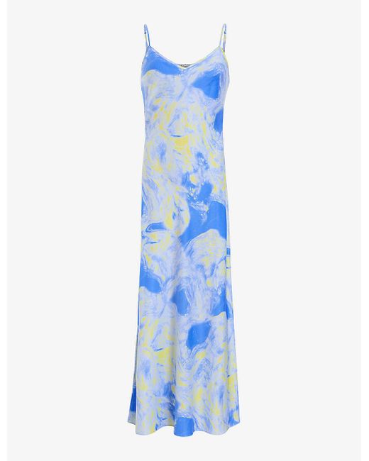 AllSaints Blue Bryony Graphic-print Woven Midi Slip Dress