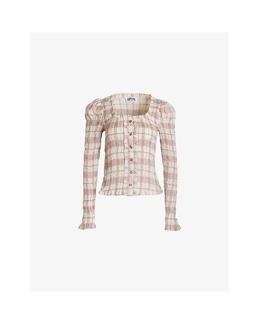 Amy Lynn White Maisie Checkered Smocked Cotton Blouse