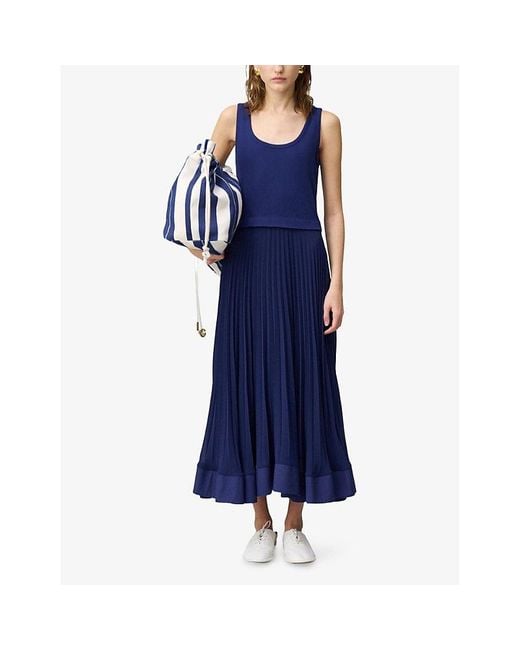 Claudie Pierlot Blue Scoop-Neck Pleated-Skirt Cotton Maxi Dress