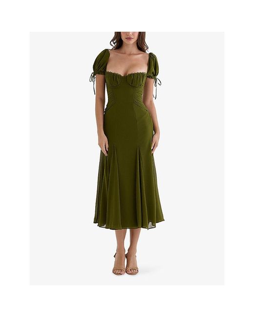 House Of Cb Green Marceline Puff-Sleeve Chiffon Midi Dress