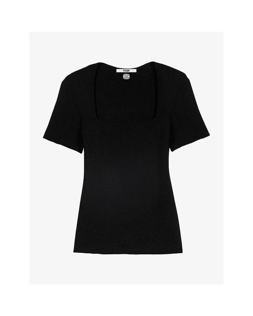 Maje Black Ribbed Square-Neck Stretch Cotton-Blend Jumper