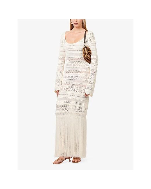 Devon Windsor White Uma Fringe-Hem Knitted Maxi Dress