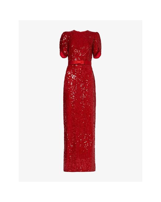 Erdem Red Sequin-embellished Puffed-shoulders Woven Maxi Dress