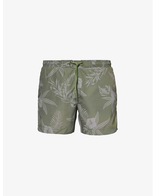 Boss Green Flower-print Recycled-polyester Swim Shorts for men