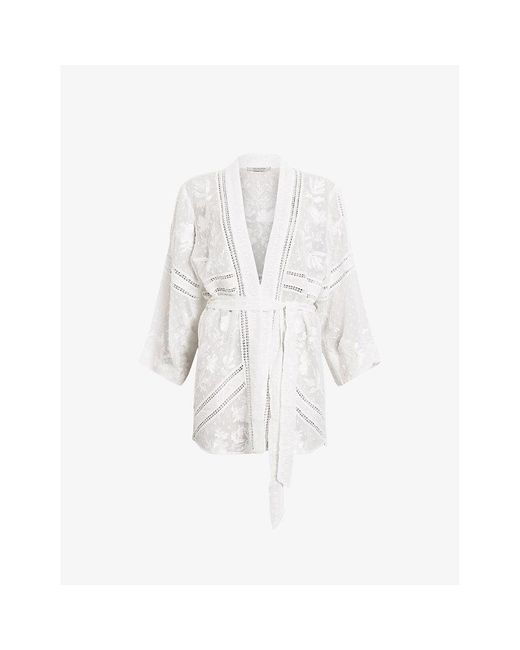 AllSaints White Carina Relaxed-fit Embroidered Cotton Kimono
