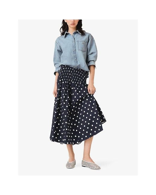 Maje Blue Polka Dot-Pattern Smocked-Panel Cotton Maxi Skirt