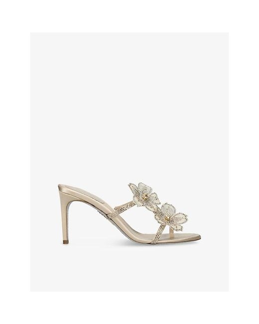 Rene Caovilla White Floral Strap 80 Satin Heeled Sandals
