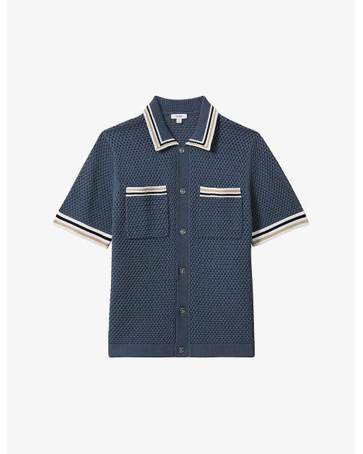 Reiss Blue Coulson Contrast-trim Short-sleeve Crochet Stretch-cotton Shirt for men