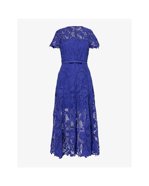 Self-Portrait Blue Floral-embroidered Lace Woven Midi Dress
