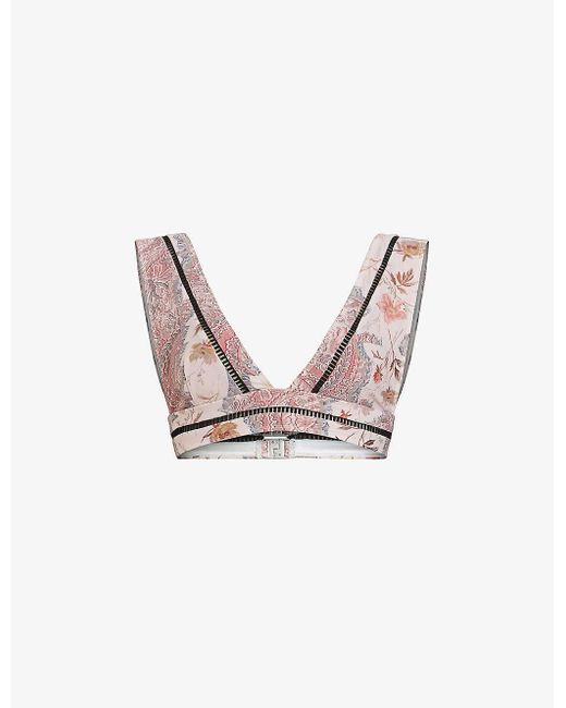 AllSaints Pink Gorah Floral-print Stretch Recycled-polyamide Bikini Top