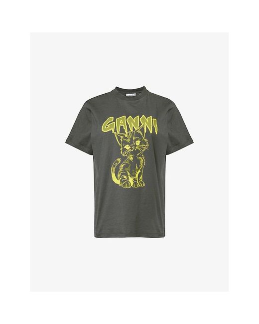 Ganni Green Kitty Graphic-print Organic-cotton T-shirt