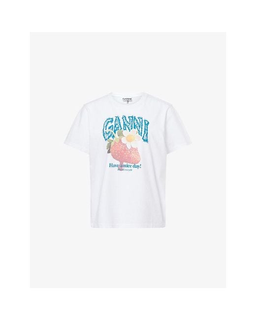 Ganni White Jersey Strawberry Printed Round-Neck Cotton-Jersey T-Shirt