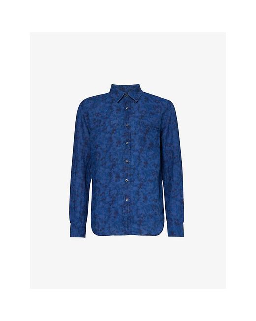 120% Lino Blue Tie-dye Floral-pattern Linen Shirt X for men