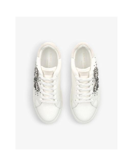 Kurt Geiger White Laney Bow Crystal-Embellished Leather Flatform Low-Top Trainers