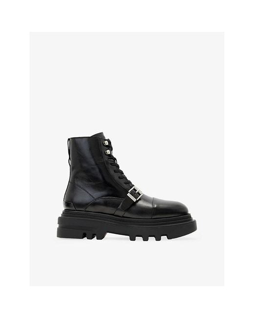AllSaints Black Astrid Buckle Leather Biker Boots
