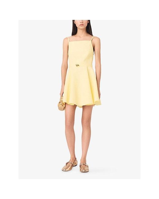 Maje Yellow Flared Square-Neck Linen-Blend Mini Dress